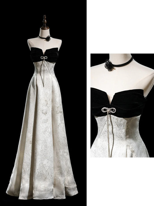 Modest A Line Strapless Floral Satin Long Evening Prom Dresses Floor Length Evening Formal Dress N274