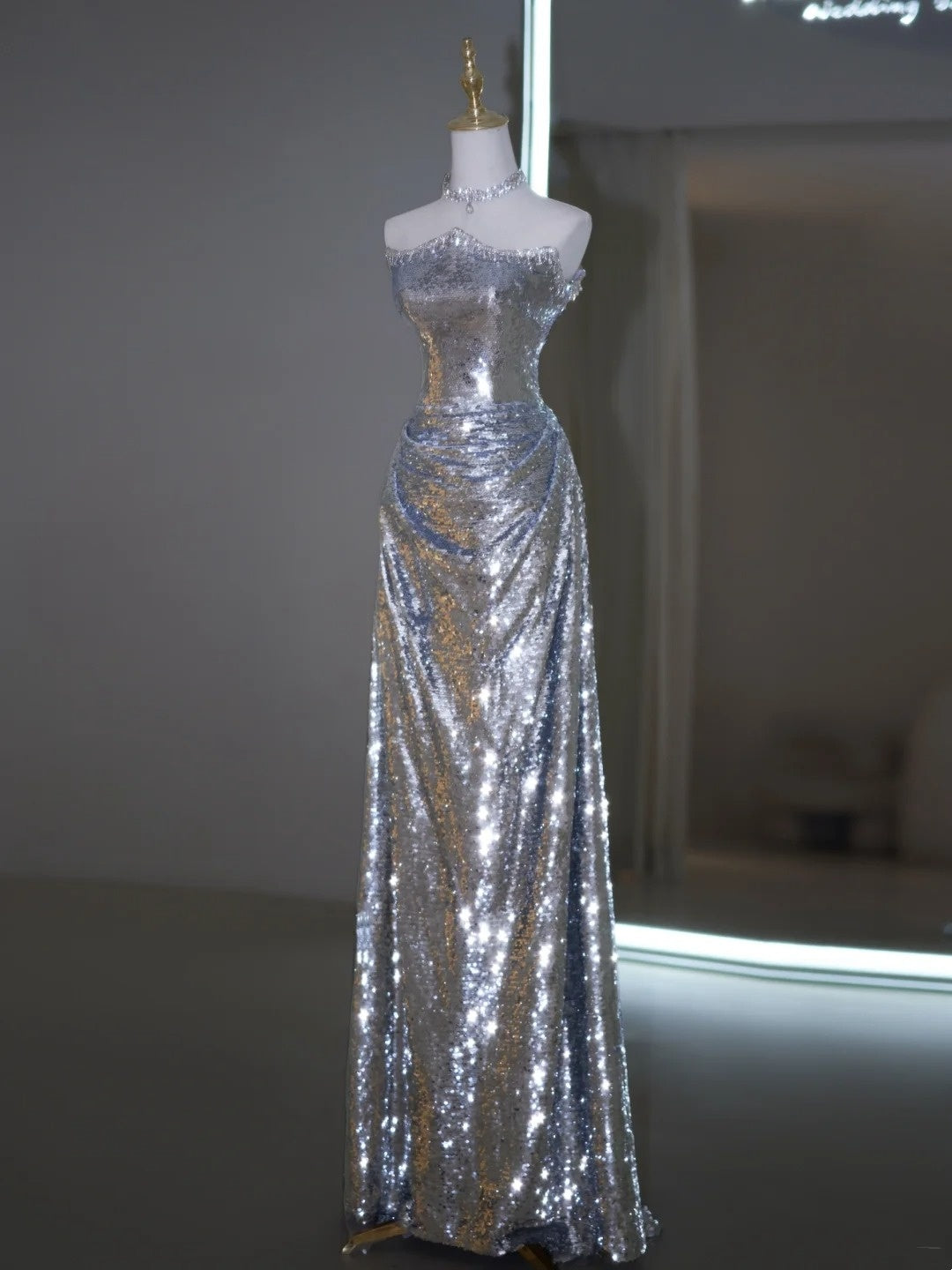 Glitter Mermaid Strapless Silver Sequin Long Prom Dresses Impress 19th Birthday Outfits Prom Gown N239