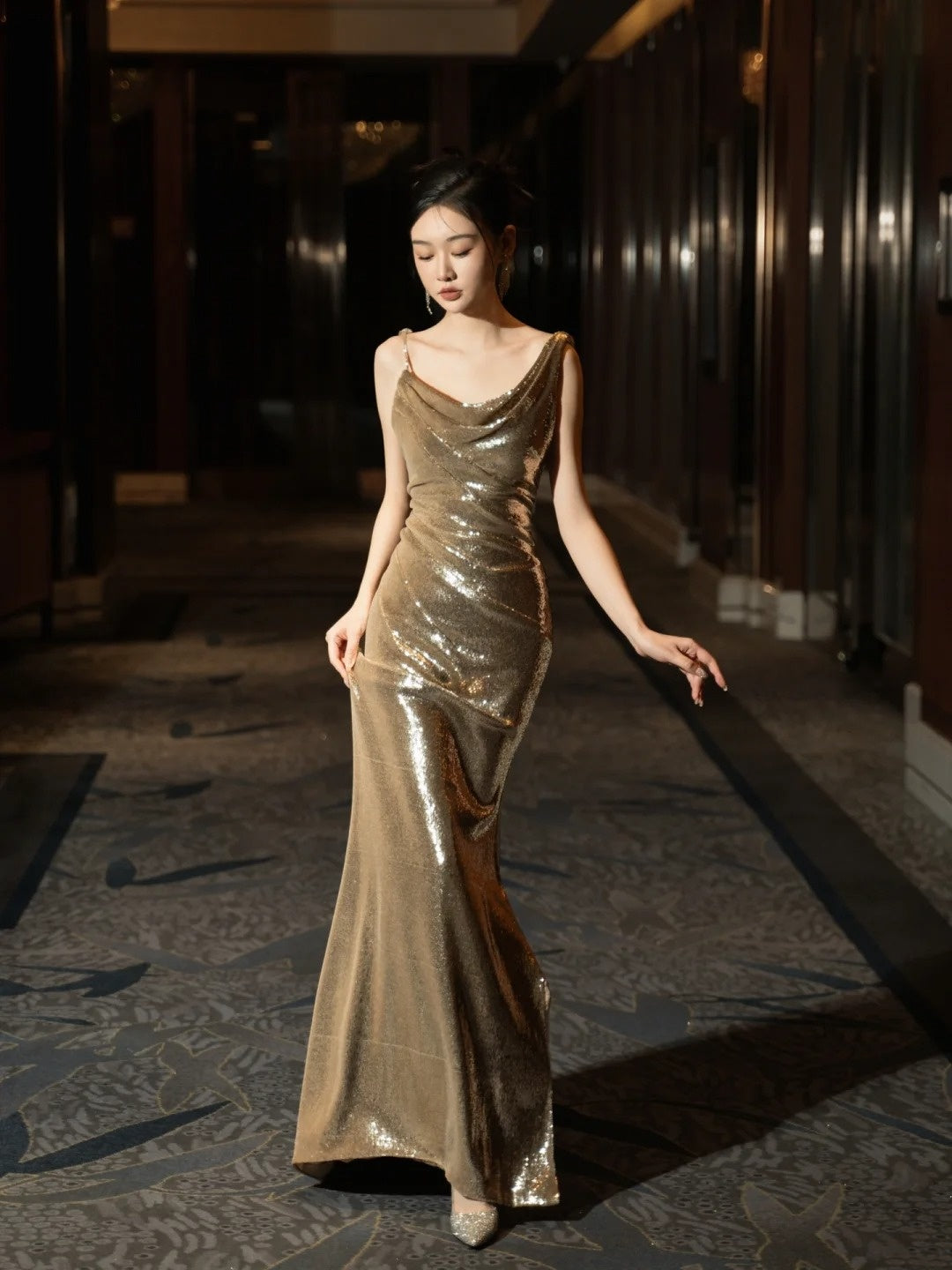 Glitter Mermaid Asymmetrical Neck Sequin Long Prom Dresses Champagne Formal Gowns Inspo Evening Outfit N232