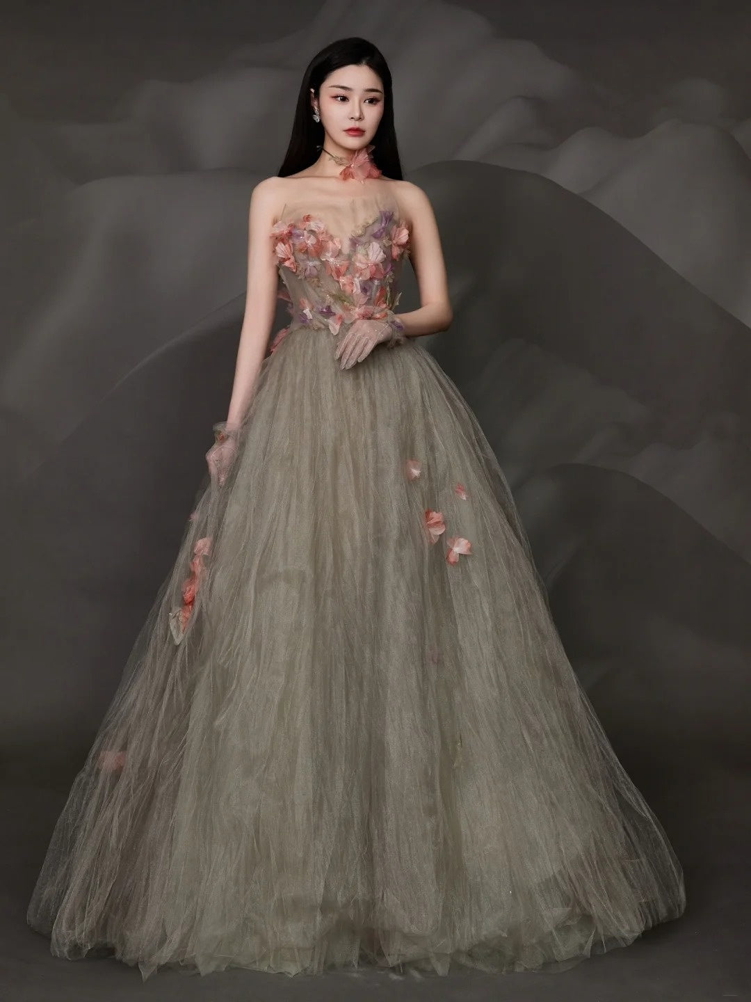Charming Ball Gown Strapless Tulle Long Evening Prom Dresses Floor Length Evening Formal Dress N275