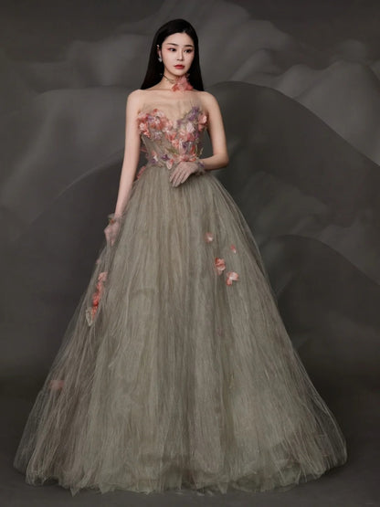 Charming Ball Gown Strapless Tulle Long Evening Prom Dresses Floor Length Evening Formal Dress N275
