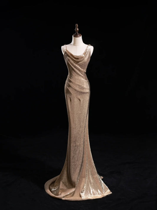 Glitter Mermaid Asymmetrical Neck Sequin Long Prom Dresses Champagne Formal Gowns Inspo Evening Outfit N228