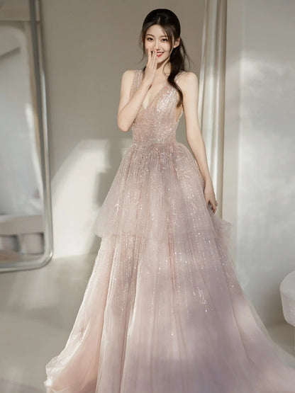 Cute Ball Gown Deep V Neck Pink Sequin Long Prom Dresses Impress 19th Birthday Outfits Prom Gown N236