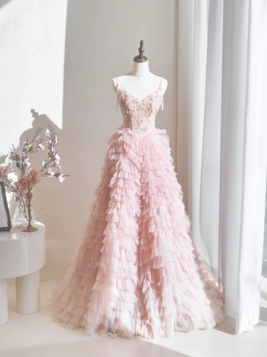 Cute Ball Gown Spaghetti Strap Blush Pink Tulle Long Prom Dresses Inspiration Evening Gowns Formal Party Prom Dress N235