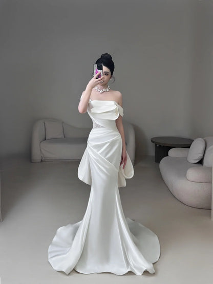 Classic Mermaid Wedding Dresses Off The Shoulder Satin White With Short Sleeves Brides Dress Summer Bridal Gowns N235
