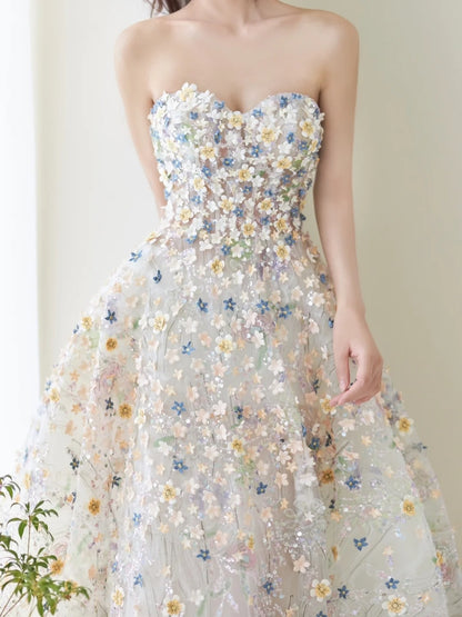 Cute Ball Gown Sweetheart Floral Tulle Tea Length Prom Dresses Formal Gowns Inspo Evening Outfit N303
