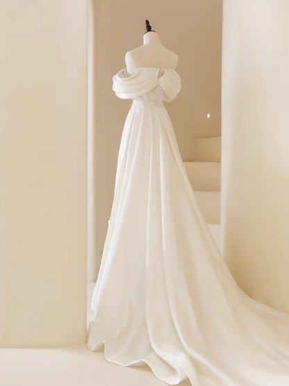 Classic Mermaid Wedding Dresses Off The Shoulder Satin White With Short Sleeves Brides Dress Long Bridal Gowns N234