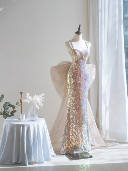 Sparkly Mermaid Square Neck Sequin Sleeveless Long Prom Dresses Prom Gowns Evening Dress A022