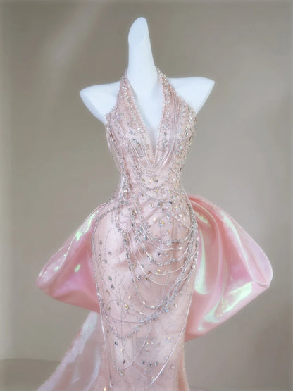 Classy Mermaid Halter Pink Sequin For Senior Teens Girls People Long Prom Dresses Formal Dress 20th Birthday Outfits N135