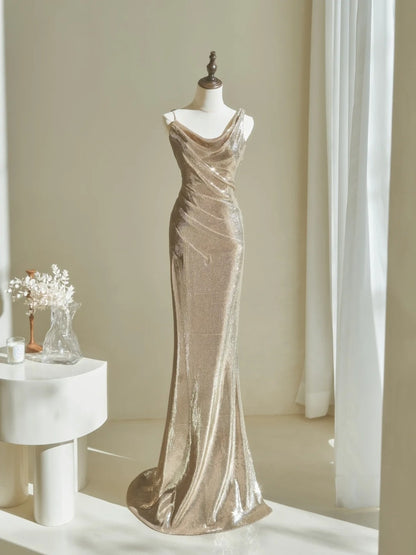 Modest Mermaid Straps Sequins Champagne For Women Party Dress Long Formal Prom Dresses 22th Birthday Outfits AC048