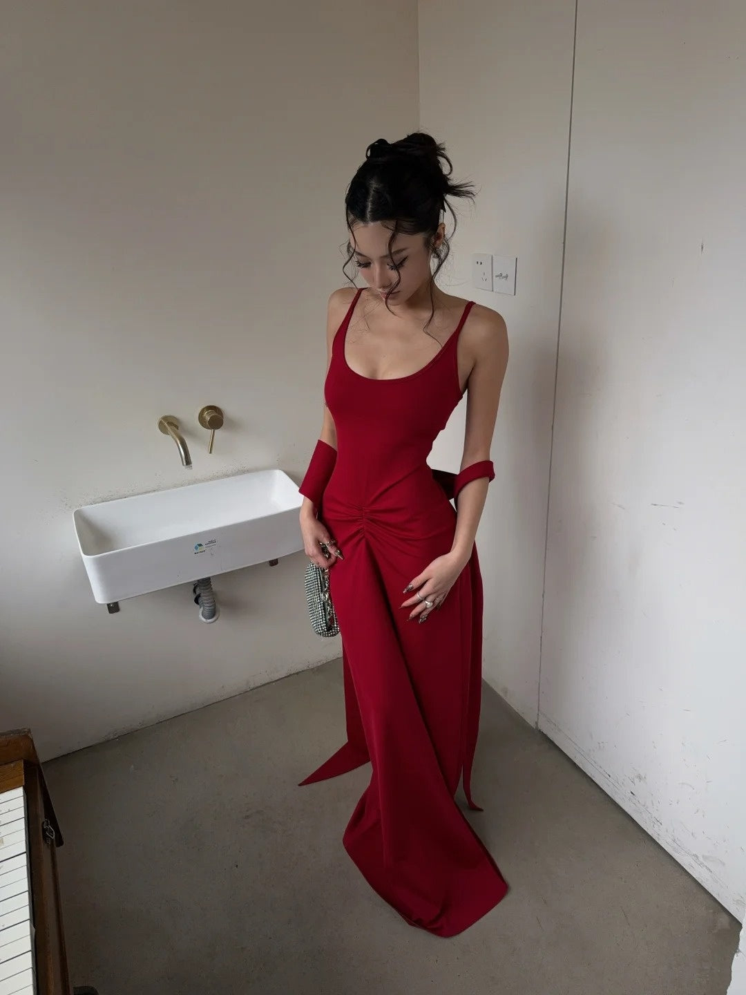 Unique Mermaid Spaghetti Strap Bright Red With Scarf Long Prom Dresses Inspiration Birthday Gowns Formal Evening Dress N464
