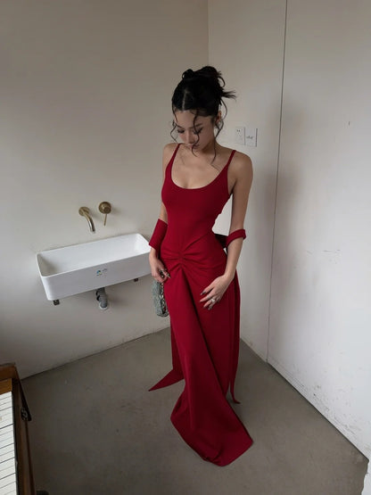 Unique Mermaid Spaghetti Strap Bright Red With Scarf Long Prom Dresses Inspiration Birthday Gowns Formal Evening Dress N464