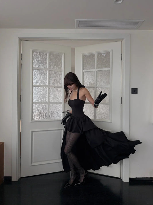 Chic High Low Halter Black Tie Wedding Guest Dress Satin Ruffles Long Prom Dresses Night Semi Formal Gown N698