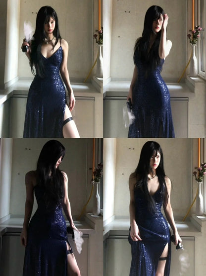 Sexy Navy Blue V-neck Lace-Up Mermaid Long Prom Dress with Slit Formal Dress AB1826