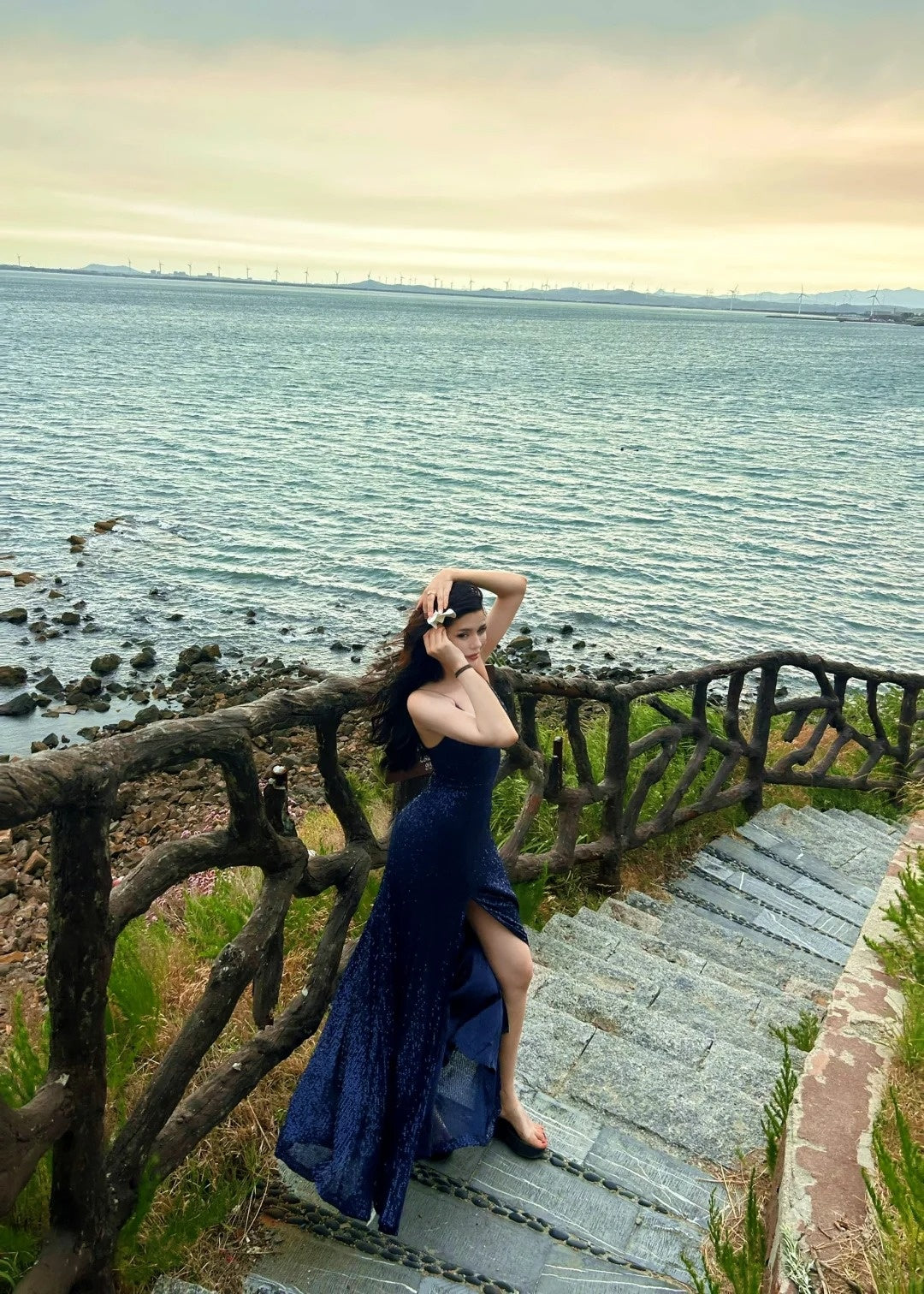 Sexy Navy Blue V-neck Lace-Up Mermaid Long Prom Dress with Slit Formal Dress AB1826