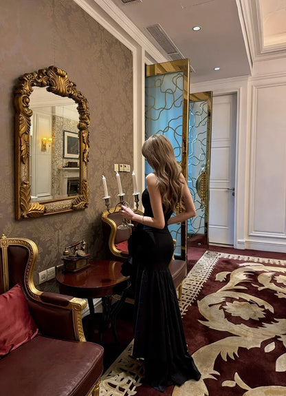 Timeless Mermaid Strapless Black With Ruffles Satin Long Prom Dresses Inspo Semi Formal Gown N699