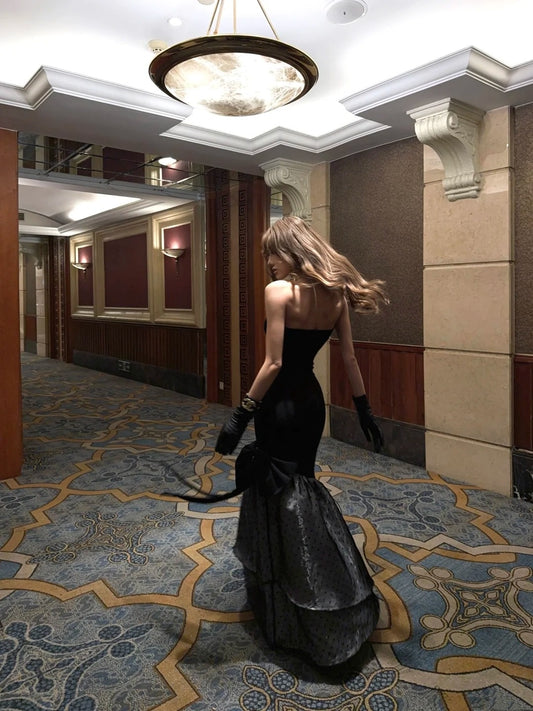 Vintage Mermaid Strapless Black Polka Dots Satin Long Prom Dresses Inspo Semi Formal Gown N696