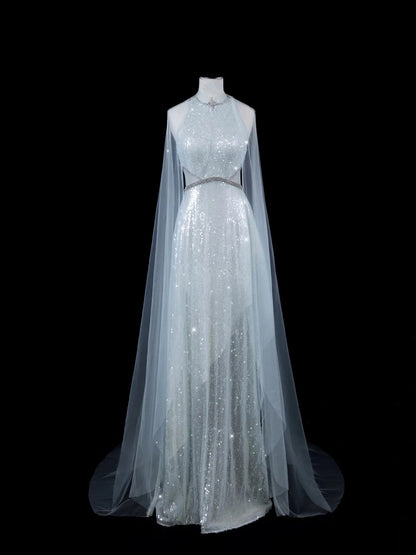 Elegnt A line High Neck Light Sky Blue Sequined Long Prom Dress Fashion Aesthetic High School Formal Dresses Party Outfits Gown N688