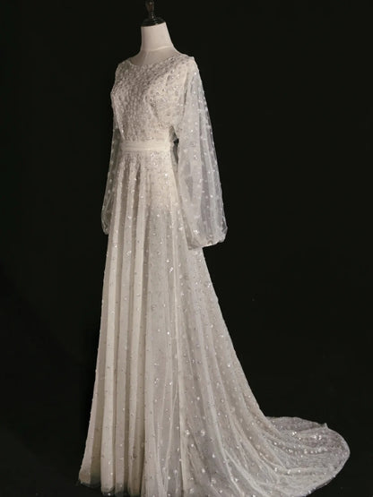 Classic A line Wedding Dresses Scoop Neck Sequin White With Long Sleeves Brides Dress Sequin Bridal Gowns N243