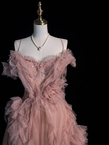 Beautiful Ball Gown Spaghetti Strap Pink Tulle Long Prom Dresses Inspiration Evening Gowns Formal Prom Dress N1214