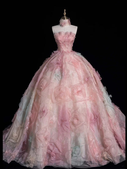 Modest Ball Gown Strapless Pink Floral Tulle Prom Dresses Inspiration Party Gowns Princess Formal Dress N755