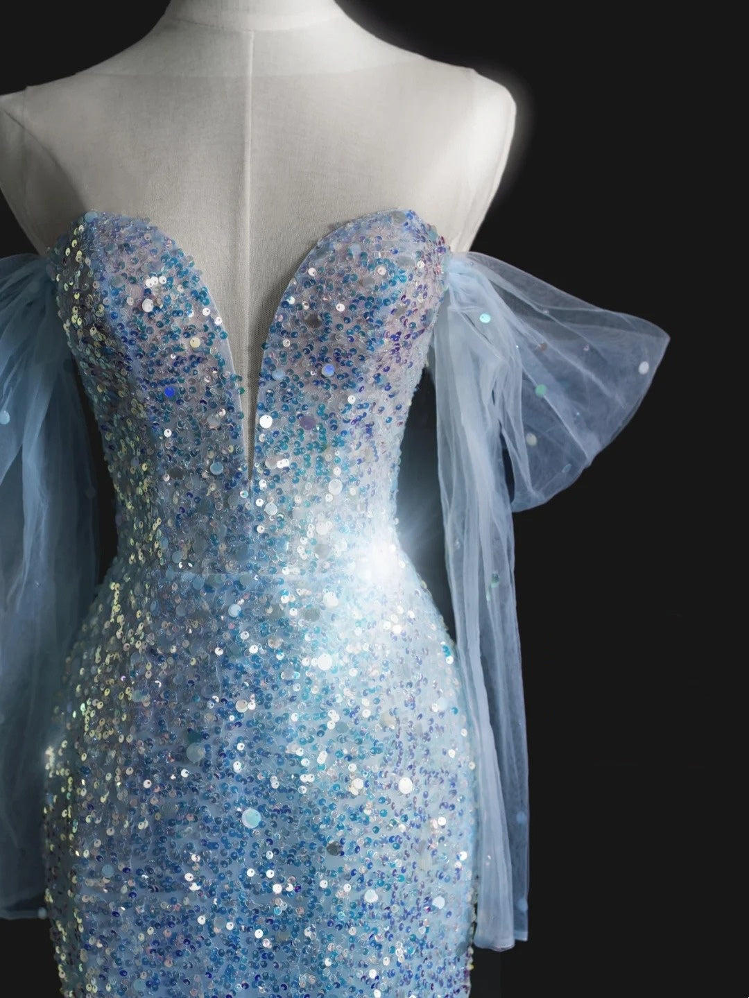 Beautiful Mermaid Off The Shoulder Light Sky Blue Sequin Long Prom Dresses Formal Gowns Inspo Evening Outfit N245