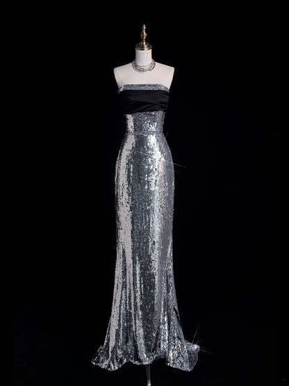 Sparkly Mermaid Strapless Grey Sequin Sleeveless Long Prom Dress For Women Girls Evening Dresses N666