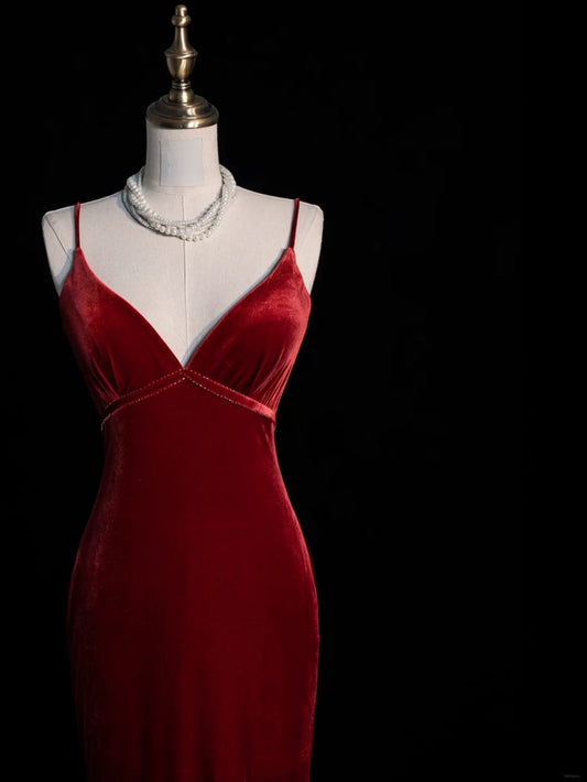Modest Mermaid Spaghetti Strap Burgundy Velvet Sleeveless Long Prom Dress For Women Girls Evening Dresses N679