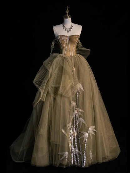 Modest Ball Gown Strapless Green Tulle With Appliques College Formal Outfits Long Prom Inspo Graduation Dresses N1220