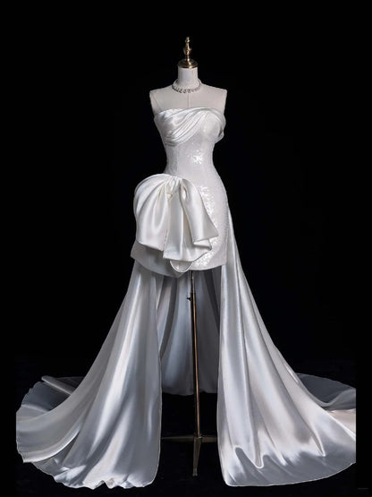 Princesses Elegant Sheath Strapless White Sequined With Satin Train Wedding Gown Short Fairytale Summer Wedding Dresses N668