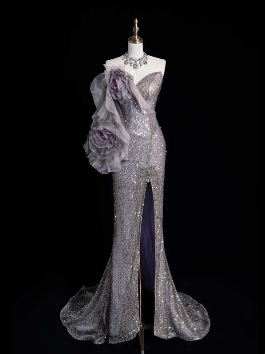 Princess Mermaid Sweetheart Grey Sequined With Slit Long Formal Evening Dress Gowns Prom Dresses N743