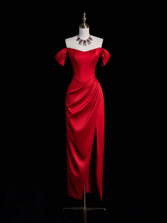 Chic Sheath Off The Shoulder Red Satin Slit Senior Prom dresses High School Long Formal Dress N1271