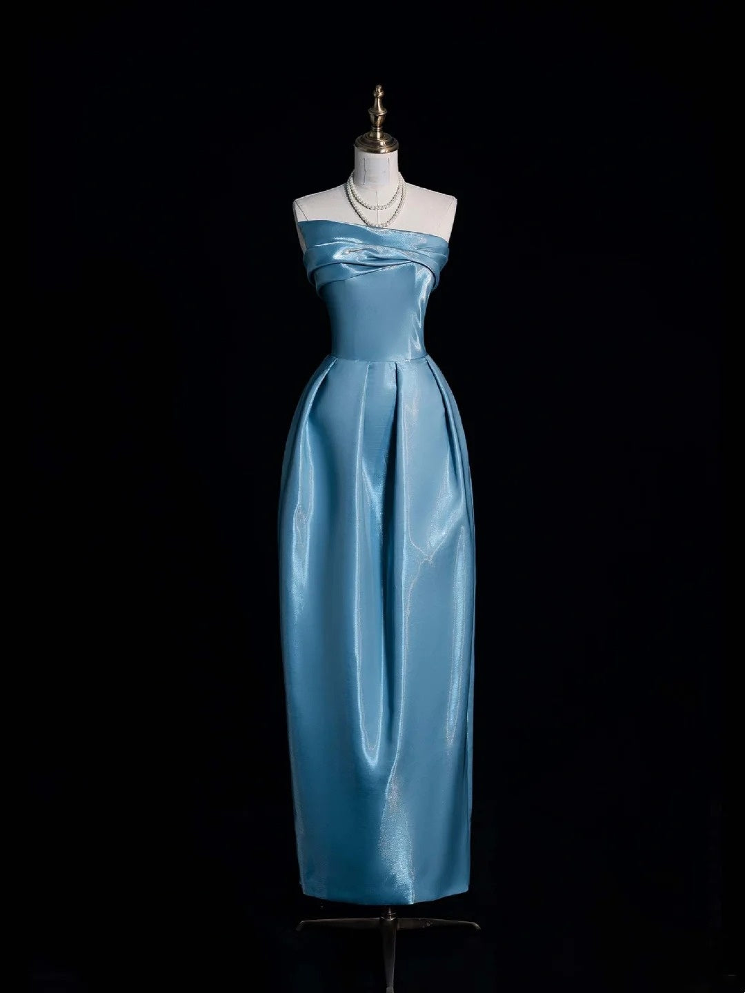 Gorgeous A Line Strapless Blue Satin Long Formal Evening Dress Gowns Prom Dresses N740
