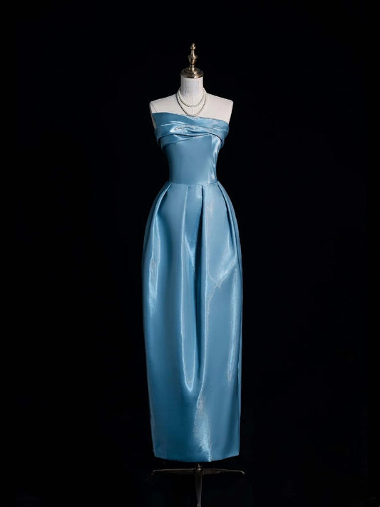 Gorgeous A Line Strapless Blue Satin Long Formal Evening Dress Gowns Prom Dresses N740