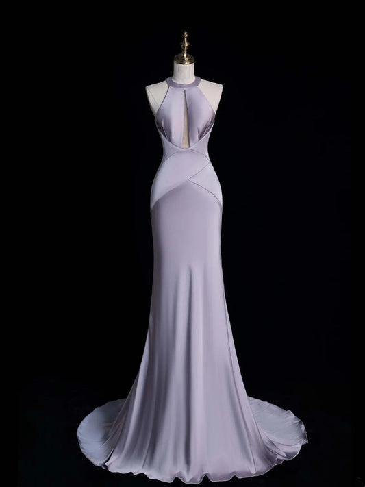 Princess Mermaid Halter Dusty Lilac Satin Long Formal Evening Dress Gowns Prom Dresses N744