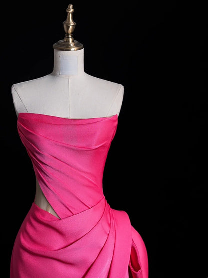 Simple Mermaid Strapless Pink Satin Pleated With Satin Long Prom Dresses Formal Gowns N849