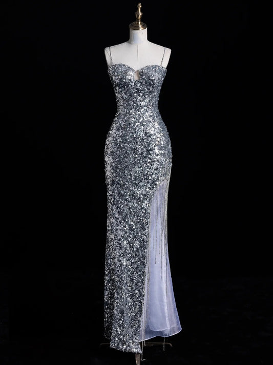 Chic Mermaid Spaghetti Strap Silver Gray Sequins Senior Prom dresses High School Long Formal Dresses N1269