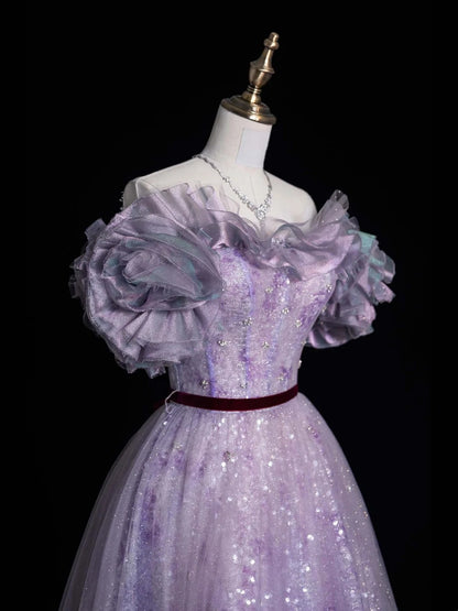 Elegant Ball Gown Off The Shoulder Lilac Sequin Tulle Long Prom Dresses For Teens Evening Outfits Formal Dress N1089
