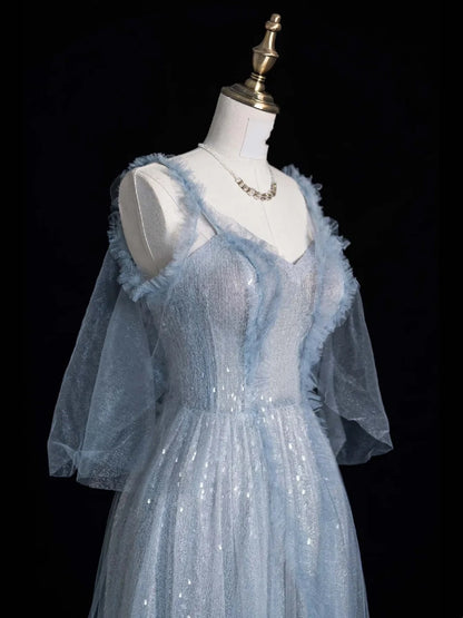 Beautiful Ball Gown Spaghetti Strap Blue Tulle Long Prom Dresses Inspiration Evening Gowns Formal Dress N1223