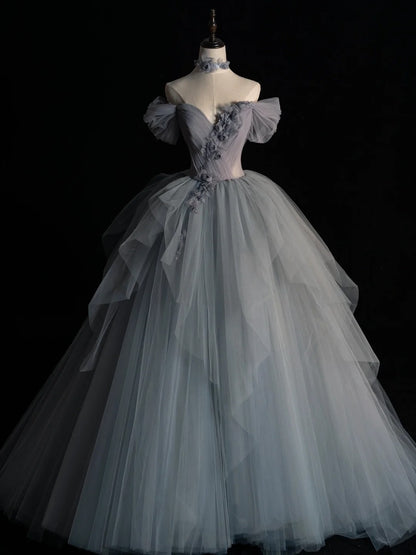 Modest Ball Gown Off The Shoulder Silver Tulle Prom Dresses Inspiration Party Gowns Princess Formal Dress N1280