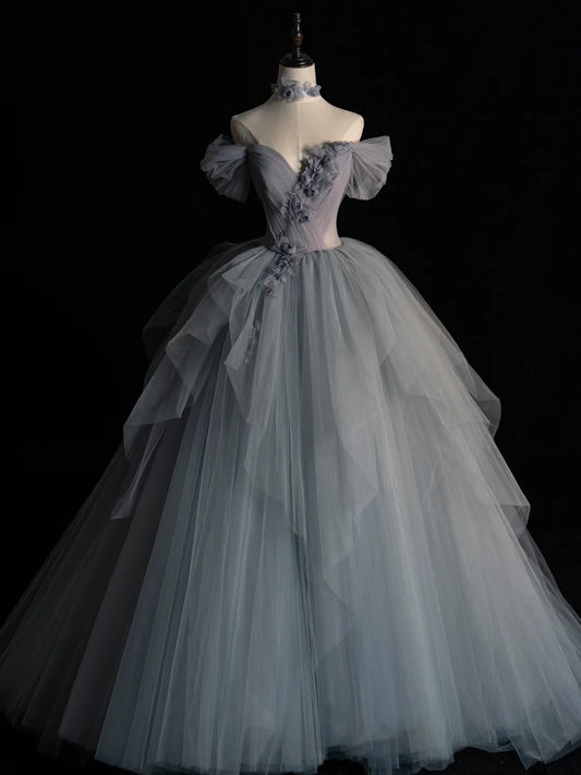 Modest Ball Gown Off The Shoulder Silver Tulle Prom Dresses Inspiration Party Gowns Princess Formal Dress N1280
