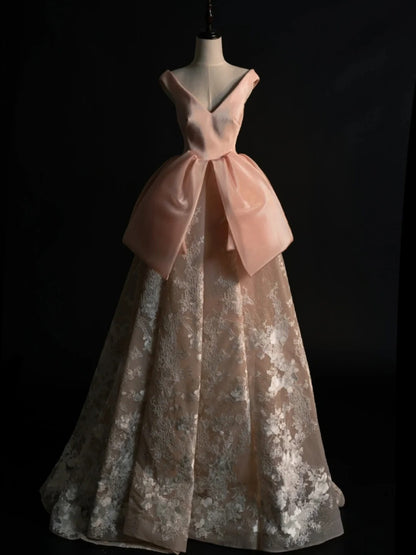 Princess Ball Gown V Neck Blush Pink Satin College Formal Outfit Prom Graduation Dresses For Teens N1345