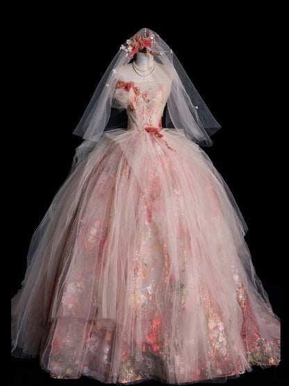 Modest Ball Gown Strapless Pink Floral Tulle Prom Dresses Inspiration Party Gowns Princess Formal Dress N756