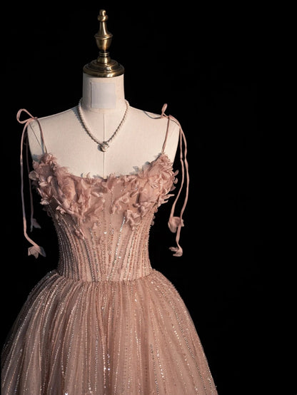 Beautiful Ball Gown Spaghetti Strap Pink Tulle Long Prom Dresses Inspiration Evening Gowns Formal Dress N1221