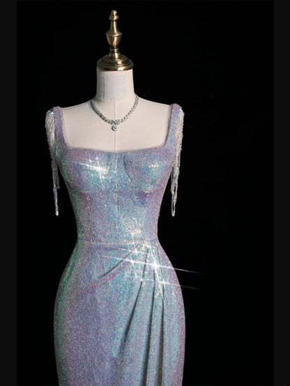 New Mermaid Square Neck Sequins Silver Long Prom Dresses For High School Teens Girls Formal Bridesmaid Dress N1074
