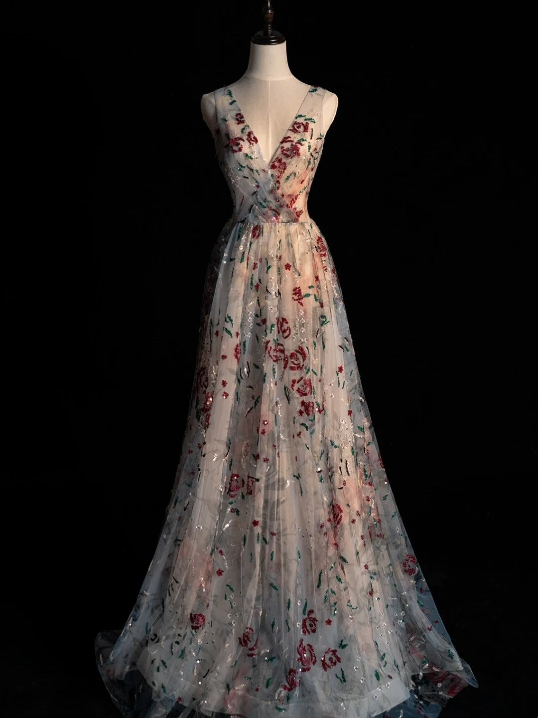 Elegant A line V Neck Floral Tulle Long Prom Dresses For Teens Evening Outfits Formal Dress N1083