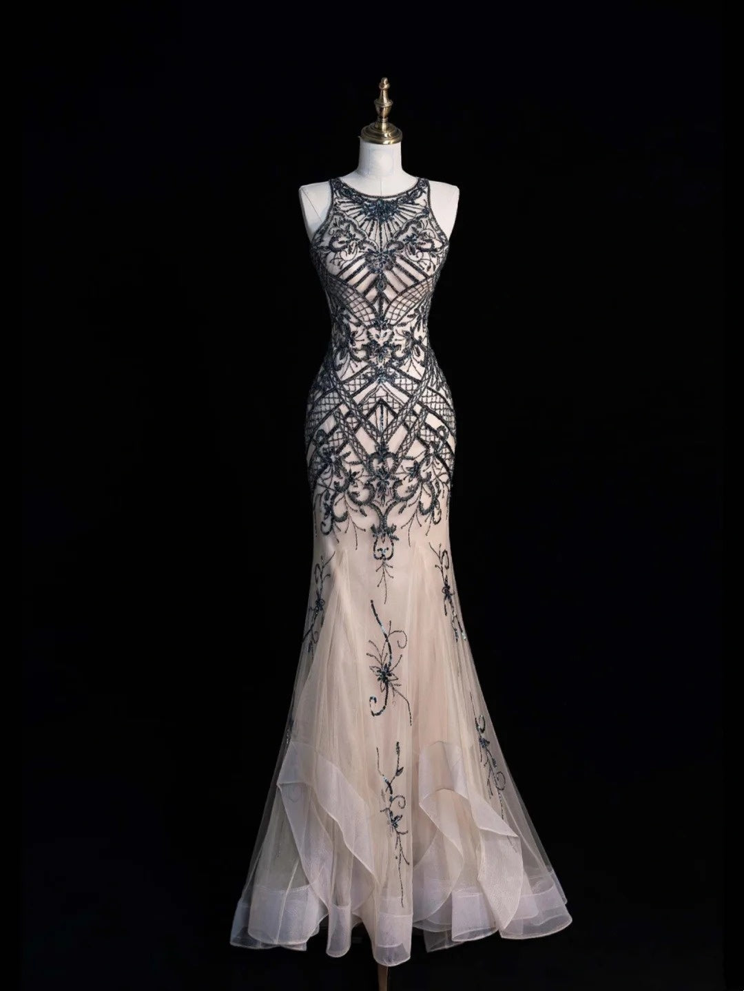 Vintage Mermaid Jewel Neck Champagne Tulle Prom Dresses Long Formal Party Gown N1350