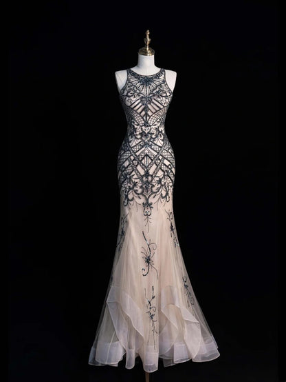 Vintage Mermaid Jewel Neck Champagne Tulle Prom Dresses Long Formal Party Gown N1350