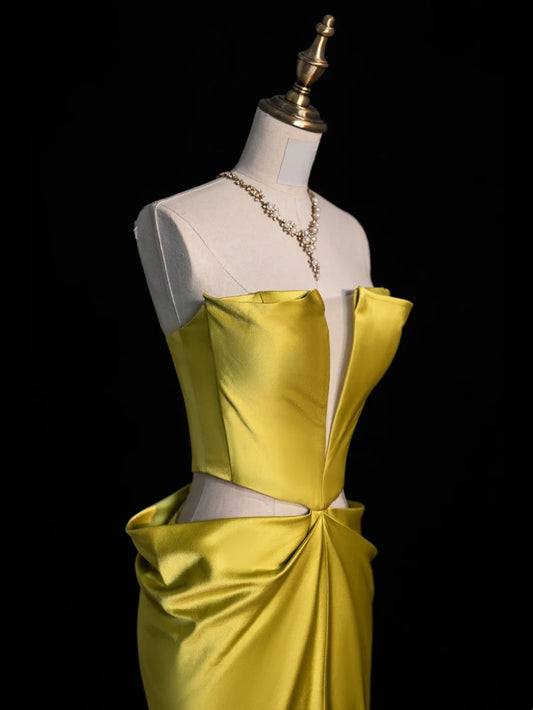 Modest Mermaid Strapless Yellow Satin Sleeveless Senior 80s Prom Dresses High School Long Formal Dress N1339