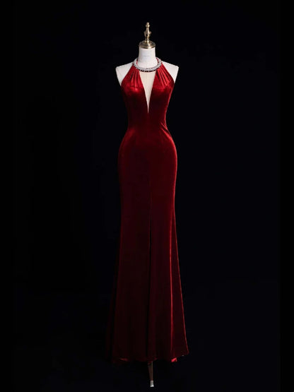 Stunning Mermaid Scoop Neck Burgundy Velvet With Tassels Prom Dresses Inspiration Evening Dress Princess Graduation Gown N1082